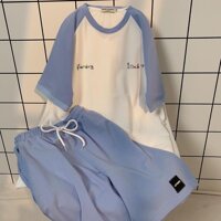 Set Đồ Nữ Chất Nỉ Chân Cua Form Rộng Ullzang, Set Áo Thun Quần Short Nữ Unisex, bộ thể thao tay phối siêu đáng yêu - Nguyên set xanh - Xl