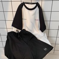 Set Đồ Nữ Chất Nỉ Chân Cua Form Rộng Ullzang, Set Áo Thun Quần Short Nữ Unisex, bộ thể thao tay phối siêu đáng yêu - Nguyên set đen - M