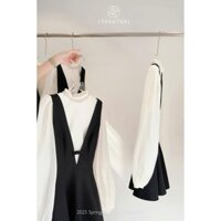 Set đồ nữ chiết eo dáng ngắn, Set đồ nữ áo tơ voan cổ bèo mix chram phối váy chiết eo cổ chữ V tiểu thư năng động