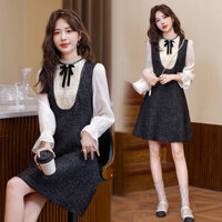 Set đồ nữ chiết eo dáng ngắn, Set đồ nữ áo ren tay chuông phối váy dạ chiết eo mix charm viền tiểu thư