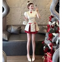 Set đồ nữ chơi tết áo gấm xẻ tà trước kèm chân váy tơ tầng có lót xinh đẹp nữ tính D727