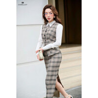 Set Đồ Nữ CROSS Kẻ Thiết Kế Công sở Sang Chảnh Charllot Chất Vải Kẻ Lót Lụa Áo Sơ Mi Trắng Tiny Hàn CL176