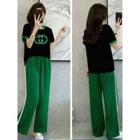 Set đồ nữ dài cotton quần ống rộng thêu logo cao cấp TT215