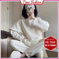 Set đồ nữ dài tay xinh, đồ bộ nữ kèm quần Jogger mix áo thun dài tay thu đông thêu hình mặt cười dễ thương