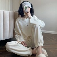 Set đồ nữ dài tay xinh, đồ bộ nữ kèm quần Jogger mix áo thun dài tay thu đông thêu hình mặt cười dễ thương giá rẻ