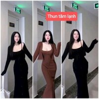 Set đồ nữ đầm hai dây ôm body đính nút kèm áo khoác vải gân lạnh 581 Kem Women Top Thun