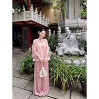 Set đồ nữ dáng dài đi lễ chùa, Set áo tơ voan form rộng tay lỡ cổ tàu cúc chéo phối quần quần ống suông, đơn giản