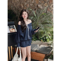 Set đồ nữ dáng ngắn form bí ngô, Set đồ nữ áo váy trễ vai mix nơ buộc tay dài phối quần ngắn sang chảnh, điệu đà