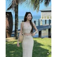 Set đồ nữ đi biển áo 2 dây croptop kèm chân váy đuôi cá dài chất len ren xinh đẹp D335
