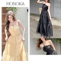 Set đồ nữ đi biển áo cổ yếm gắn hoa croptop chân váy xòe tầng maxi nàng thơ Đầm nữ xinh dáng dài bánh bèo T340G MONOKA
