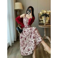 Set đồ nữ đi biển đầm maxi dáng xòe chất lụa in hoa kèm khoác ngoài dịu dàng nữ tính D240