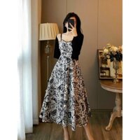 Set đồ nữ đi biển đầm maxi dáng xòe chất lụa in hoa kèm khoác ngoài siêu xinh D240