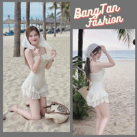 Set đồ nữ đi biển - Đồ bikini hai dây liền thân màu kem quần bèo, đồ bơi bánh bèo 1 mảnh kín đáo cho các nàng BangTan