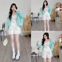 Set đồ nữ đi chơi đi biển dạo phố Nahouse set bộ nữ 3 món quần đùi áo khoác xanh thiết kế đẹp xịn xinh xắn và sang trọng