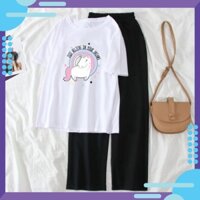 Set Đồ Nữ Đi Chơi Đi Học  TO TO SHOP, Sét Đồ Bộ Nữ Cotton Áo Phông In Kì Lân Mix Quần Ống Rộng Suông Dễ Phối Đồ