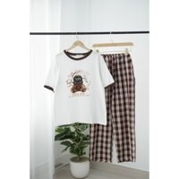 Sét đồ nữ đi chơi quần dài kẻ caro ô tô ống rộng MENINA, sét dài đi chơi in hình thời trang