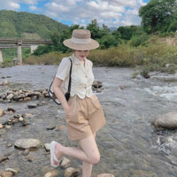 Sét đồ nữ đi chơi, set áo kiểu cài nút dây rút trước mix quần đùi cotton lạnh có túi dễ thương