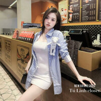 set đồ nữ đi chơi,set 3 món đầm body 2 dây phối áo sơ mi khoác ngoài kèm gấu xinh T128