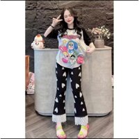 Set Đồ Nữ, Đồ Bộ Nữ Áo Thun in 3D Kèm Quần Ống Loe Phối Ren Thời Trang