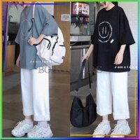 Set đồ nữ, đồ bộ nữ hàn quốc unisex áo thun hình mặt cười và quần xuông siêu đẹp chất cotton cao cấp loại 1