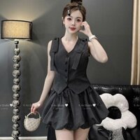 set đồ nữ girl phố,set áo gile nơ vai mix chân váy bí nơ nhí dễ thương H20