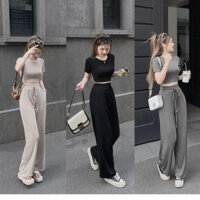 Sét đồ nữ gồm áo croptop và quần xuông ống rộng, sét bộ nữ thun tăm trơn quần cạp cao (mã A33)
