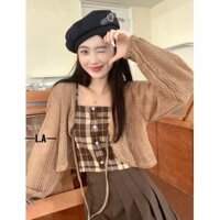 Set đồ nữ gồm áo khoác lưới mỏng kèm áo trong 2 dây kẻ caro chất nỉ dạ chun lưng co giãn, dáng ngắn croptop hàng QC