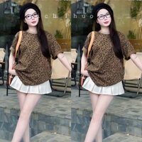 SET ĐỒ NỮ HOT TREND, SET ÁO THUN DA BEO FROM RỘNG TAY LỠ MIX CHÂN VÁY TRẮNG XÒE XẾP LY  MTB