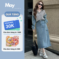 Set Đồ Nữ Jean Phong Cách Công Sở May Studio, Chân Váy Bò Chữ A Dáng Dài, Áo Sơ Mi Kiểu Phối Tay HL200