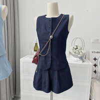 Set Đồ Nữ Jean Sang Chảnh Cúc Bọc Thoáng Mát Ba Lỗ