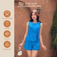 Set Đồ Nữ Linen Cổ Tròn Kết Hợp Bo Chun + Quần Short Năng Động