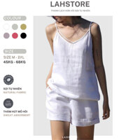 Set đồ nữ linen LAHSTORE áo 2 dây cổ tim & quần short ống rộng xắn gấu lưng thun (Trắng)
