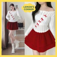 Set Đồ Nữ Mặc Chơi Tết, Bộ Đồ Nữ Quảng Châu Áo Len Tay Dài Trễ Vai Mix Chân Váy Nhung Xòe Có Quần Bảo Hộ Lemon's Corner