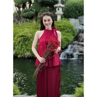 Set đồ nữ, mặc đi chơi, mặc Tết, áo yếm cổ liền có dây cột nơ mặc cùng quần dài chất tuyết Nhung đằm thắm