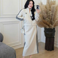 set đồ nữ mùa đông,set áo chân váy dài nỉ 2 da phối sọc cao cấp RR139