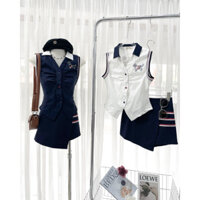 Sét đồ nữ mùa hè , thiết kế áo cổ sơ mi ôm sát nách phối chân váy xinh xắn