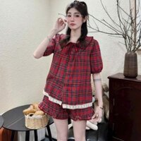 set đồ nữ mùa hè,set bộ áo cổ sen kẻ pha ren mix quần đùi viền bèo H85