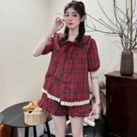 set đồ nữ mùa hè,set bộ áo cổ sen kẻ pha ren mix quần đùi viền bèo H85