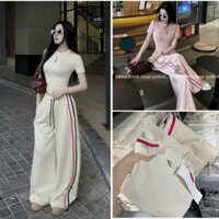 Set đồ nữ phối sọc viền basic, áo thun form ôm body kèm quần ống suông có dây rút chất liệu cotton