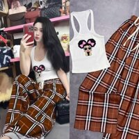Sét đồ nữ quần dài caro áo thun ba lỗ in hoạ tiết xinh
