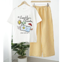 Sét đồ nữ quần dài caro ống rộng menina_studio, sét đồ dài cho nữ quần kẻ caro áo ngắn tay in hình mùa hè