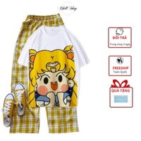 Set đồ nữ quần dài kate caro ống rộng áo thun unisex tay lỡ thuỷ thủ mặt trăng Chill Shop, form rộng freesize dưới 55kg