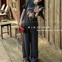 set đồ nữ quần dài,set đồ nữ mùa hè quần xuông áo in gấu chất tăm K11