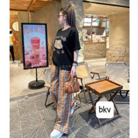 set đồ nữ quần dài,set đồ nữ sang chảnh,MẪU MỚI NHẤT bộ áo in hình quần kẻ boom X60