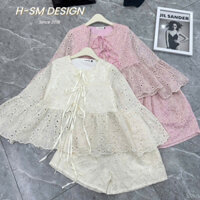 Set Đồ Nữ Ren Thêu Tay Loe + Quần Short, Set Đồ Tiểu Thư Sang Chảnh, Vải Thô Mềm 2 Màu Kem/ Hồng