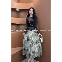 Set đồ nữ sang chảnh áo ren dài tay kèm lót trong phối chân váy voan hoa xinh xỉu Ht554