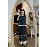 Set đồ nữ sang chảnh áo sát nách đính nơ viền ren boi phối quần suông ống rộng