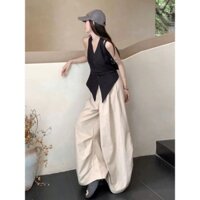 Set Đồ Nữ Sang Chảnh Quần Dài Ống Rộng Mùa Hè, Bộ Áo Gile Cổ Yếm Kèm Quần Ống Suông Thiết Kế Đi Biển