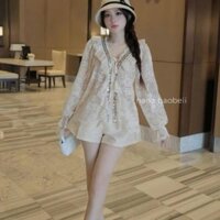 set đồ nữ sang chảnh,áo ren tay dài ống loe phối viền bèo kim sa lấp lánh mix quần short ngắn siêu hot B197