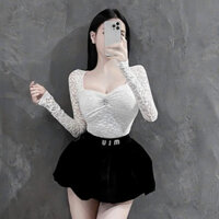 set đồ nữ sang chảnh,áo ren tay dài 2 lớp đính đá ngực mix quần nhung bí đính chữ M.I.U 2 màu L156